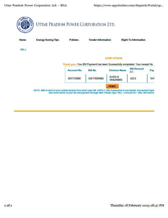 India Uttar Pradesh Power Corporation Limited utility bill template in Word and PDF formats